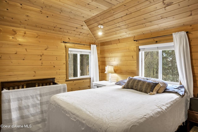 bedroom featuring lofted ceiling, wooden ceiling, and wood walls