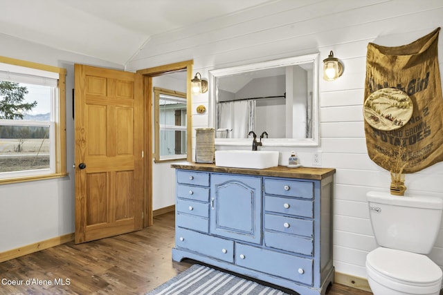 bathroom with vaulted ceiling, toilet, wood finished floors, and baseboards