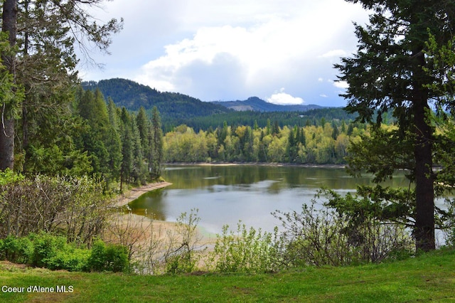 view of water feature with a mountain view and a wooded view