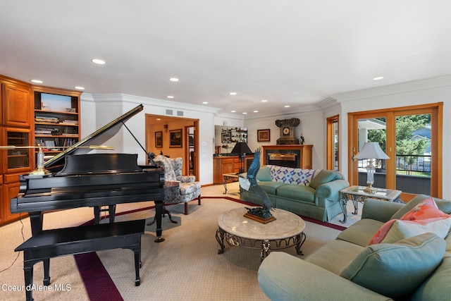 living area featuring recessed lighting, light carpet, crown molding, and visible vents