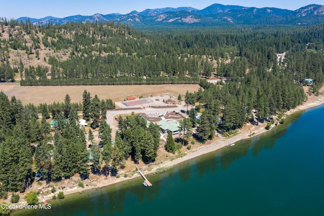 drone / aerial view with a water and mountain view and a view of trees