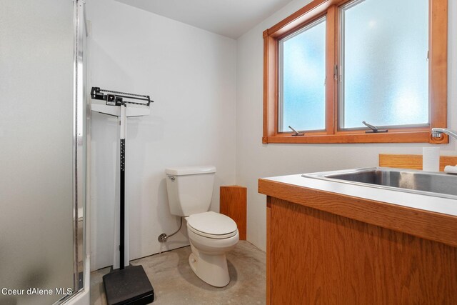 bathroom with an enclosed shower, vanity, and toilet