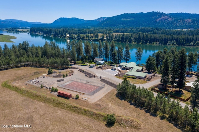 birds eye view of property with a forest view and a water and mountain view