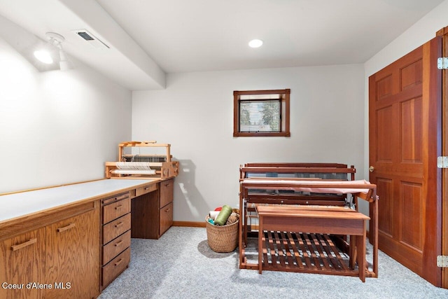 office area featuring baseboards, visible vents, recessed lighting, and light colored carpet