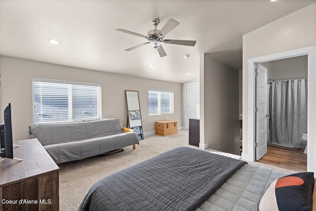 bedroom with carpet, recessed lighting, a ceiling fan, and baseboards