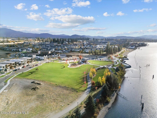 bird's eye view featuring a water and mountain view