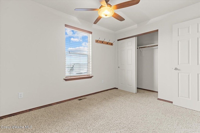 unfurnished bedroom featuring visible vents, baseboards, a closet, and ceiling fan