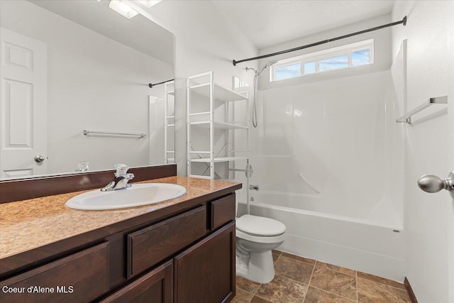 bathroom with shower / washtub combination, toilet, and vanity