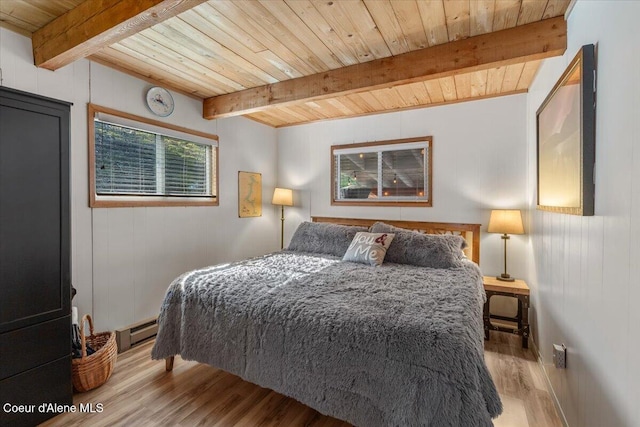 bedroom featuring a baseboard heating unit, wooden ceiling, beam ceiling, and wood finished floors