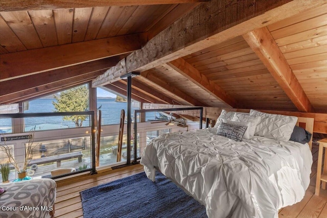 bedroom featuring a water view, wood ceiling, lofted ceiling with beams, and wood-type flooring