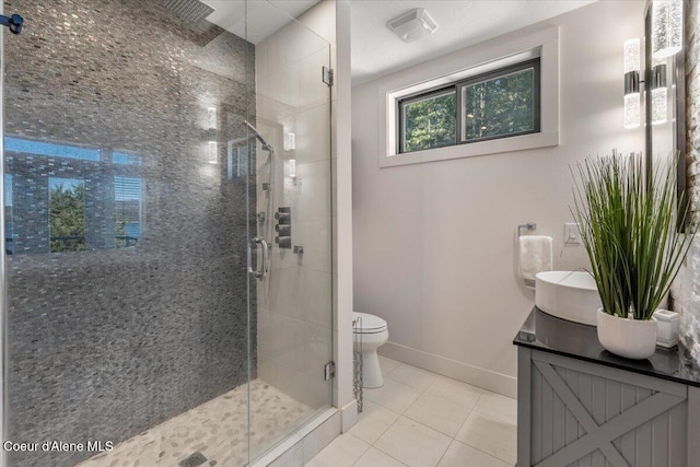 bathroom featuring a stall shower, vanity, toilet, and tile patterned floors