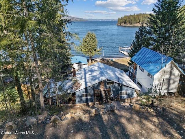 drone / aerial view featuring a water view