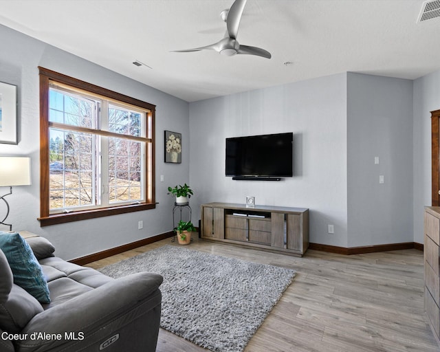 living room featuring baseboards, ceiling fan, visible vents, and light wood-style floors