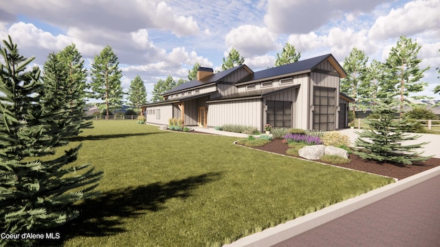 view of front of property featuring board and batten siding, a front lawn, fence, a chimney, and an attached garage