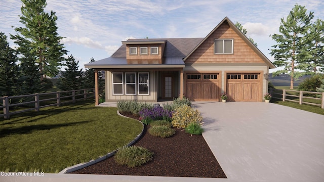 view of front of home with a front lawn, fence, board and batten siding, and driveway