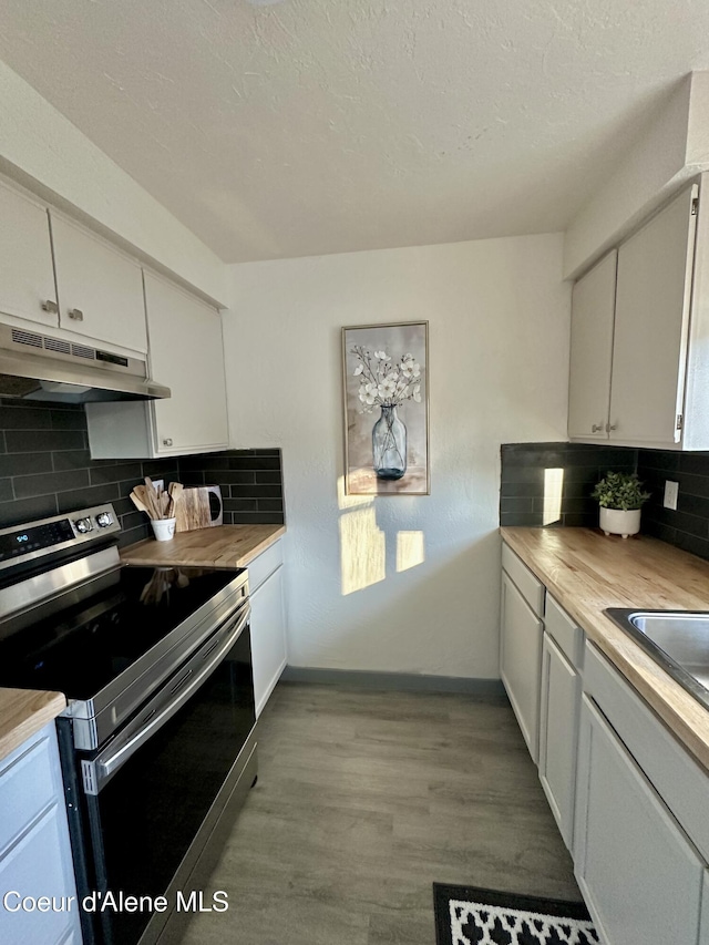 kitchen featuring under cabinet range hood, wood finished floors, backsplash, and stainless steel range with electric cooktop