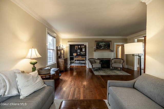 living room with hardwood / wood-style flooring, a fireplace, and ornamental molding