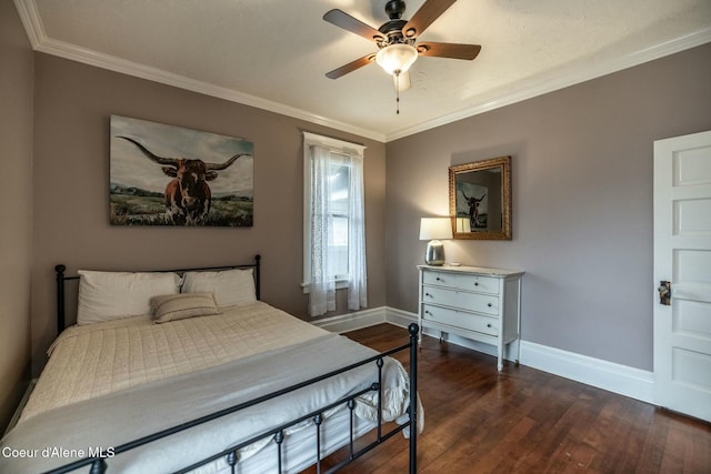 bedroom with a ceiling fan, crown molding, baseboards, and dark wood-type flooring