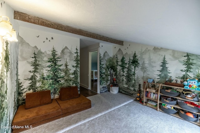 interior space with carpet and beam ceiling