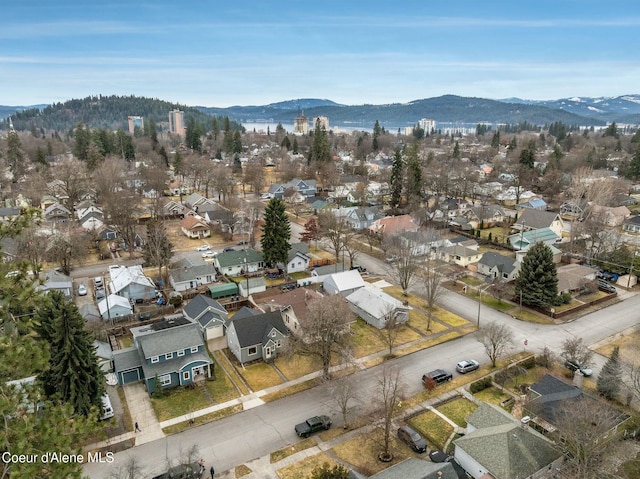 drone / aerial view with a mountain view and a residential view