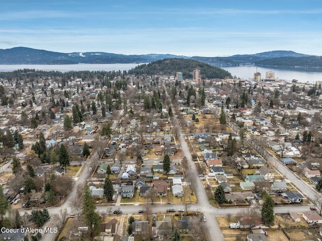 bird's eye view featuring a water and mountain view