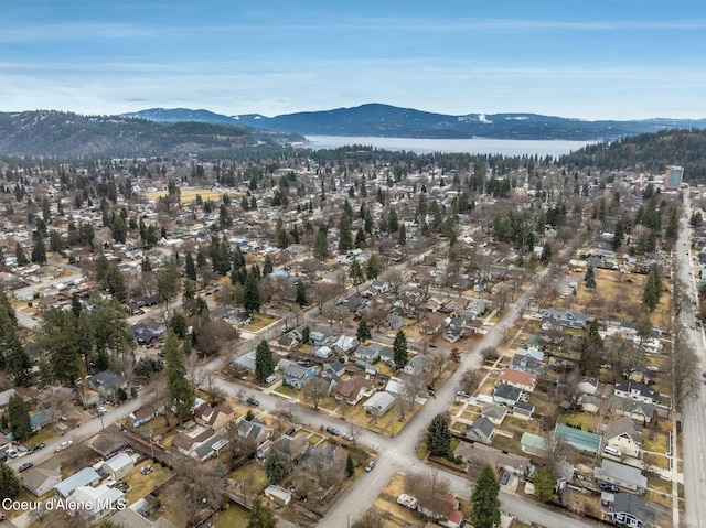 birds eye view of property with a water and mountain view