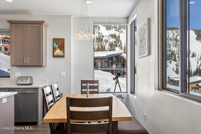 dining room with an inviting chandelier and wood finished floors