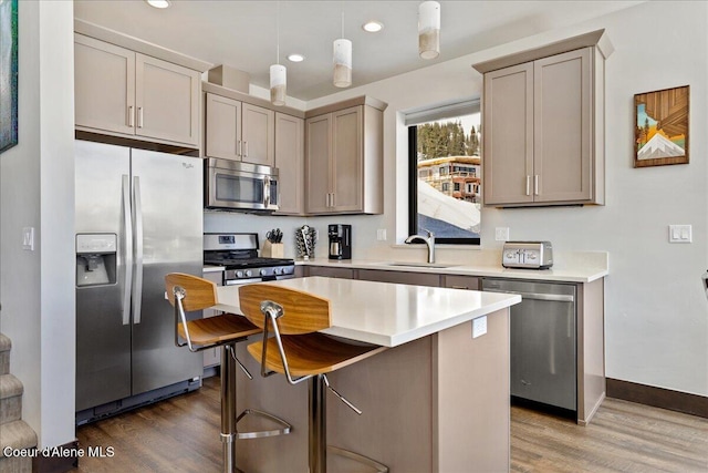 kitchen featuring appliances with stainless steel finishes, light countertops, and wood finished floors