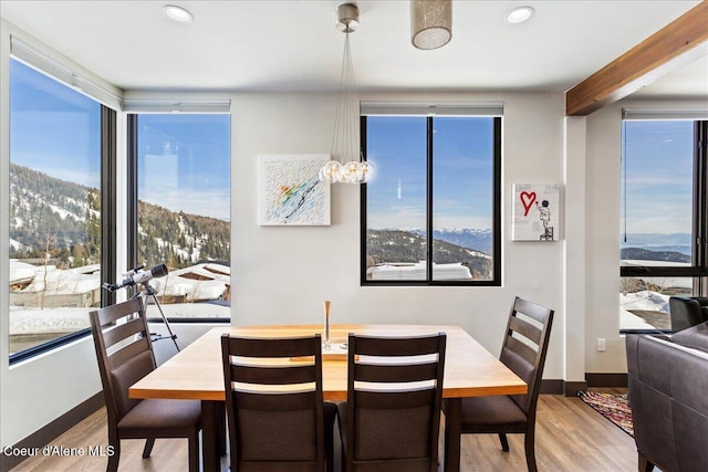 dining area with baseboards, wood finished floors, a mountain view, and recessed lighting