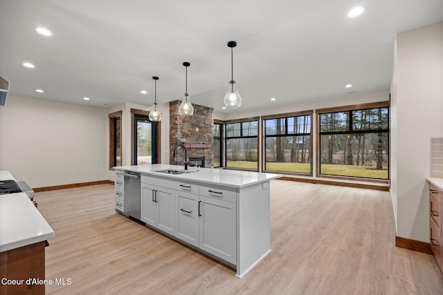 kitchen with stainless steel dishwasher, light wood-style floors, a sink, and light countertops