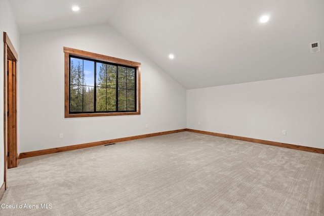 bonus room with light carpet, visible vents, baseboards, vaulted ceiling, and recessed lighting