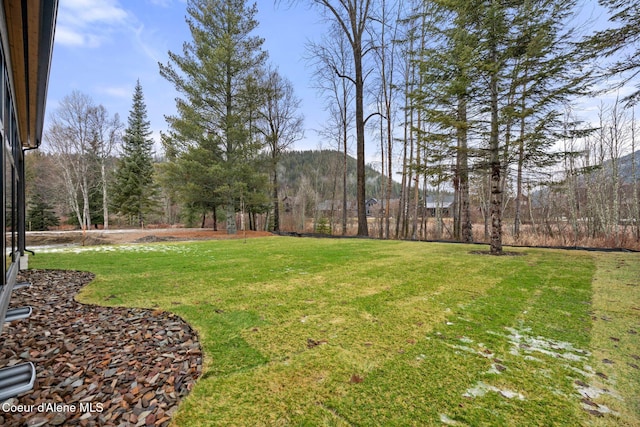 view of yard with a mountain view and a wooded view