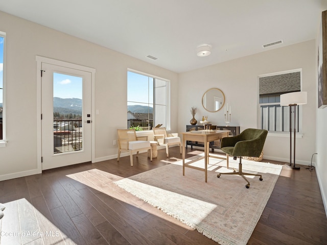 interior space with visible vents, baseboards, wood finished floors, and a mountain view