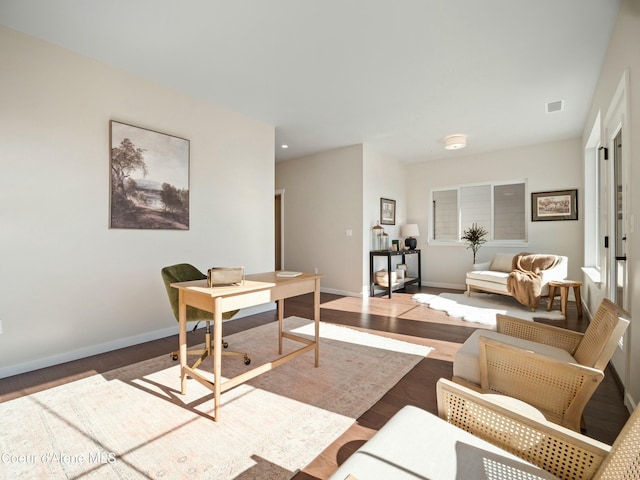 home office featuring visible vents, recessed lighting, wood finished floors, and baseboards