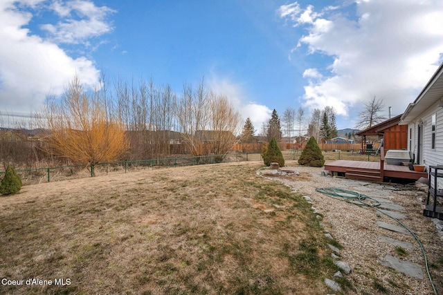 view of yard with a wooden deck and a fenced backyard