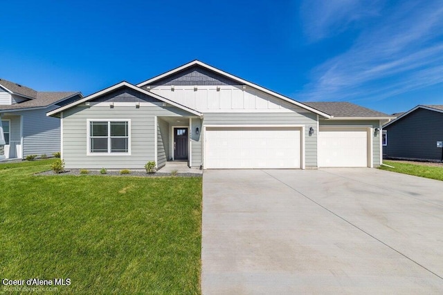 ranch-style house featuring a garage, concrete driveway, a front lawn, and board and batten siding