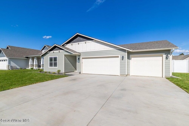 single story home featuring concrete driveway, an attached garage, board and batten siding, fence, and a front lawn