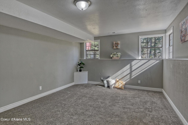 unfurnished room featuring carpet, baseboards, and a textured ceiling