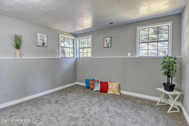 rec room with baseboards, a textured ceiling, and carpet flooring