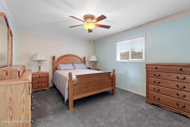 bedroom with carpet floors, crown molding, baseboards, and ceiling fan