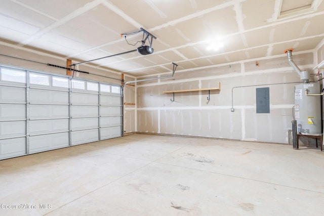 garage with water heater, electric panel, and a garage door opener