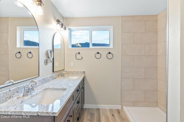 bathroom with double vanity, a sink, baseboards, and wood finished floors