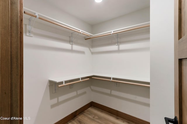 walk in closet with wood finished floors