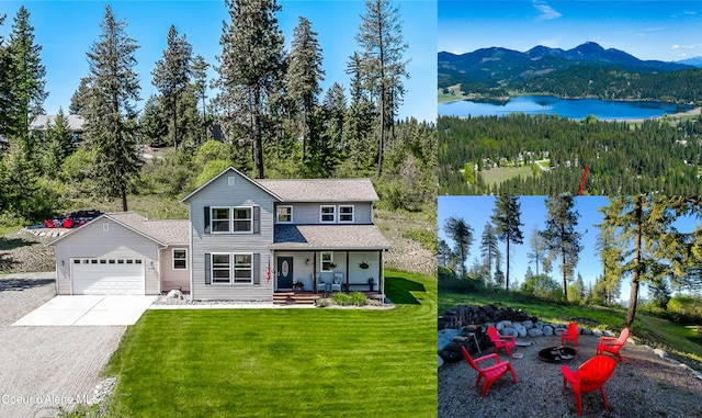 view of front facade featuring a garage, a fire pit, concrete driveway, a porch, and a front yard