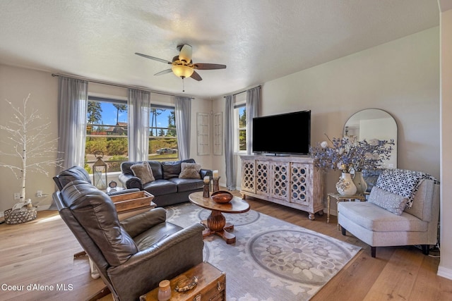 living area featuring a wealth of natural light, a textured ceiling, and wood finished floors