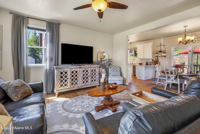 living area with ceiling fan with notable chandelier and light wood-type flooring