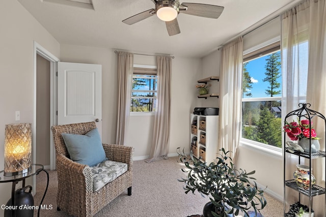 sitting room with ceiling fan, carpet flooring, and baseboards