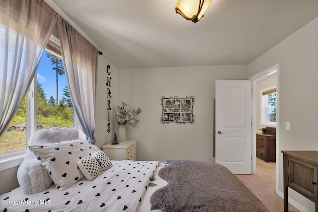 bedroom featuring light carpet