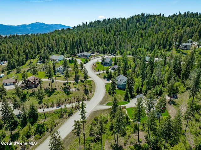 drone / aerial view featuring a mountain view and a wooded view