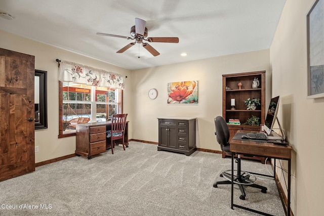 home office featuring recessed lighting, light colored carpet, ceiling fan, and baseboards